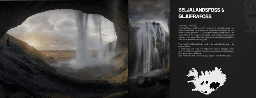 Páginas del libro: Seljalandsfoss y Gljúfrafoss
